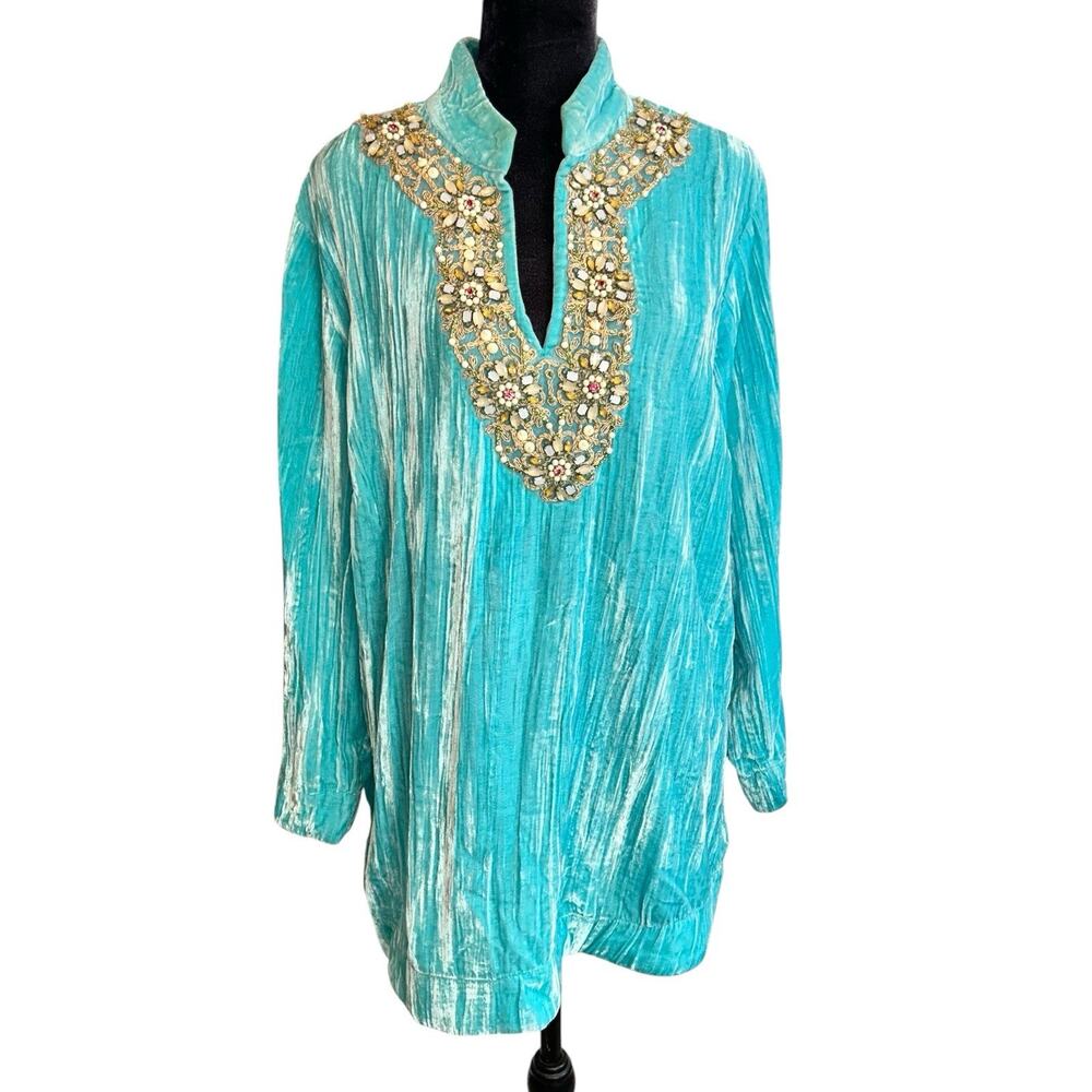 Soft Surroundings Gorgeous Blue Crushed Velvet Beaded Tunic Top Size Large